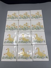 12 x vintage H&R Johnson 4" ceramic tiles - 6 x yellow duck & 6 x spring flowers