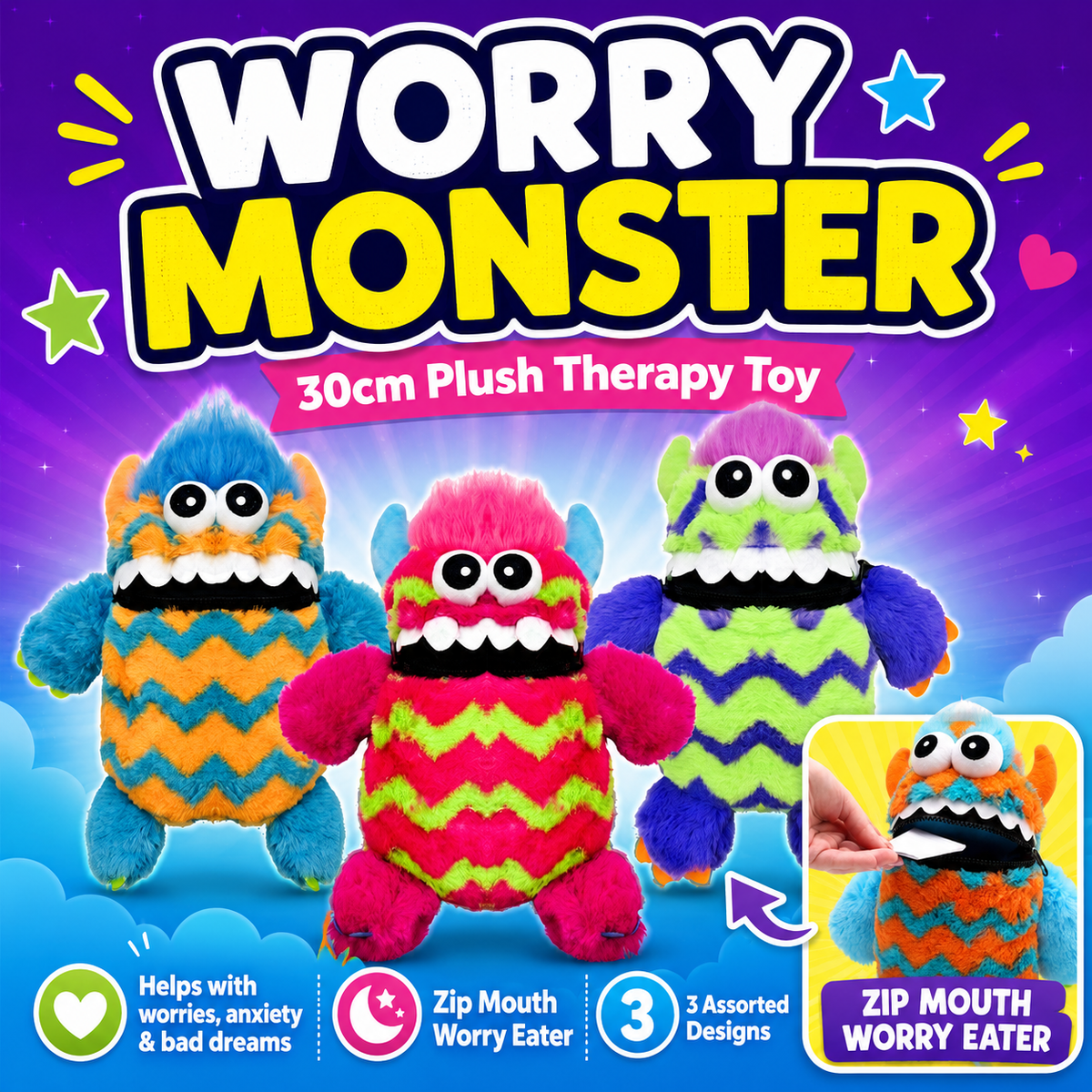 Worry Monster Plush Therapy Toy 30cm Zip Mouth Anxiety Bad Dreams