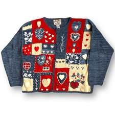 Vintage Heirloom Collectibles Blue Cardigan Heart Floral Embroidered Knit