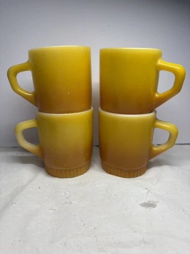 Vintage Fire King Yellow Ombré D Handle Stackable Coffee Mugs Set Of 4