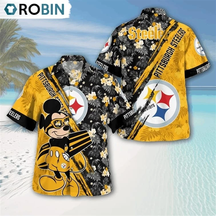 Pittsburgh Football Mickey Mouse Floral Short Sleeve Hawaiian Shirt