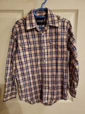 Boy's Wrangler Western Pearl Snap Shirt MEDIUM Plaid Long Sleeve Casual