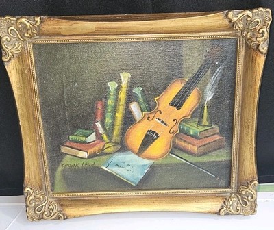 Original Painting, Still Life with Books & Violin, Singed Frank Lean 12x10