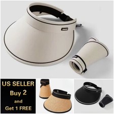 Roll Up Foldable Sun visor Hat Straw Womens Mens Clip On Wide Brim Open Top