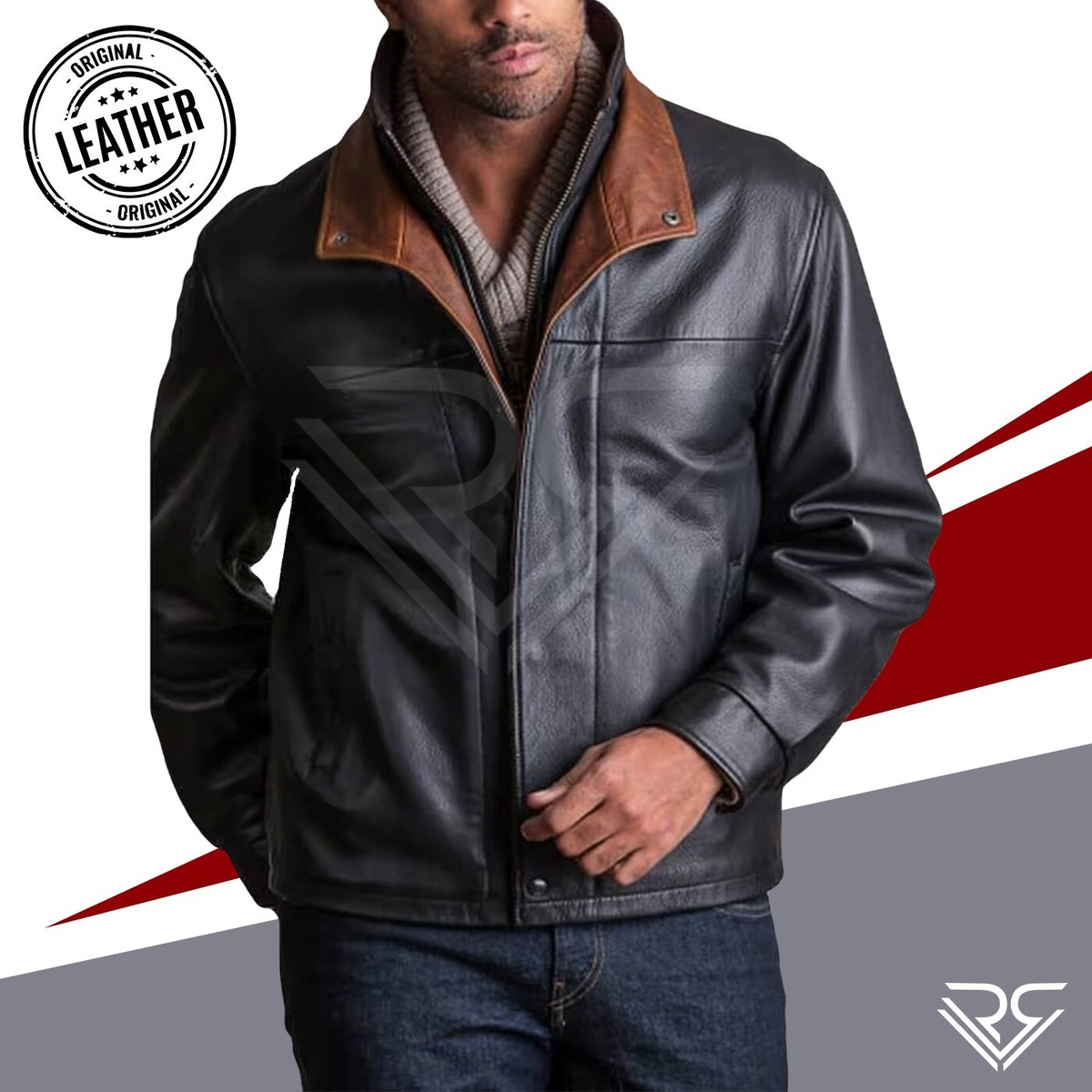 Men's Romano Double Collar Style Black Bomber Real Sheepskin