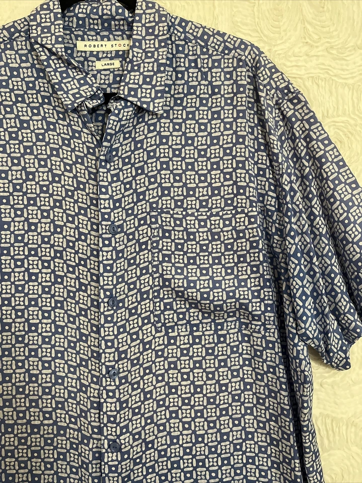Camisa informal de campamento manga corta azul seda 100 % Robert Stock años 90 vintage para hombre XL Foto 3 de 4