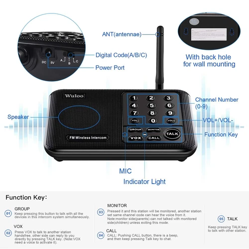Wuloo 10Channel Call ALL FM Wireless Intercom System for Home Room 1Mile Talking