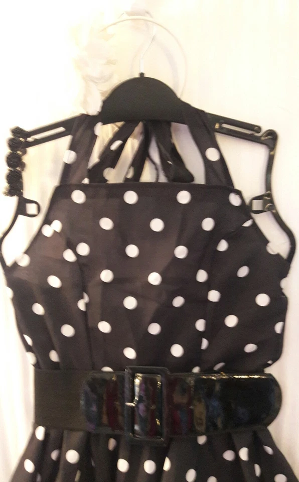 1950's Outfit Halter Sun Dress Black White Polka Dots Flower Hair Band Braclet - Image 2 of 4