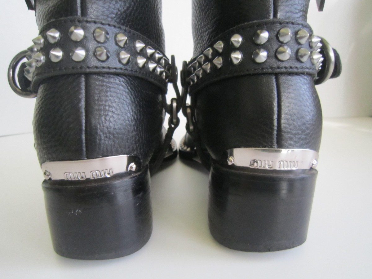 Miu Miu Black Leather and rhinestone Studded Boot Straps - boot harness only Miu Miu Leather Harness Buckle Engineer Boots – Fashion Full  main image 4