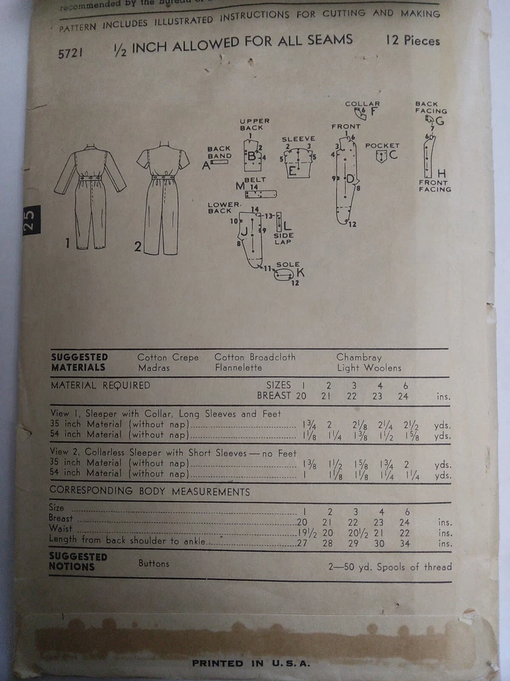 Footed Pajamas Jumper One Piece Girls 2 2T Advance 5721 Sewing Pattern VTG 50's - Image 4 of 4