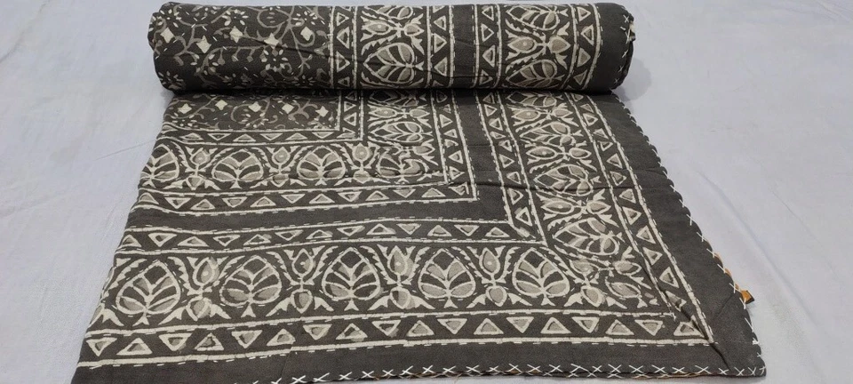 Indian Hand Block Ethnic Queen Size Cotton Kantha Quilt Throw Blanket Bedspread - Image 2 of 4