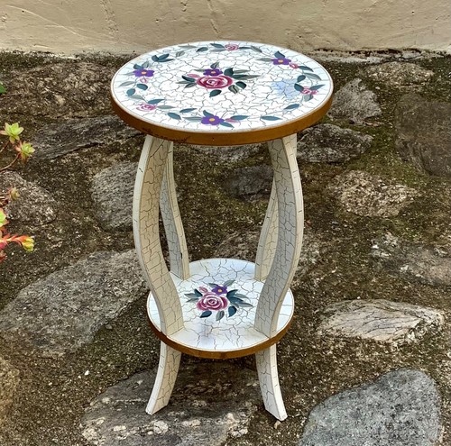 SELLETTE PORTE POTS DE FLEURS à Double Plateaux en BOIS Peint Décors Florales