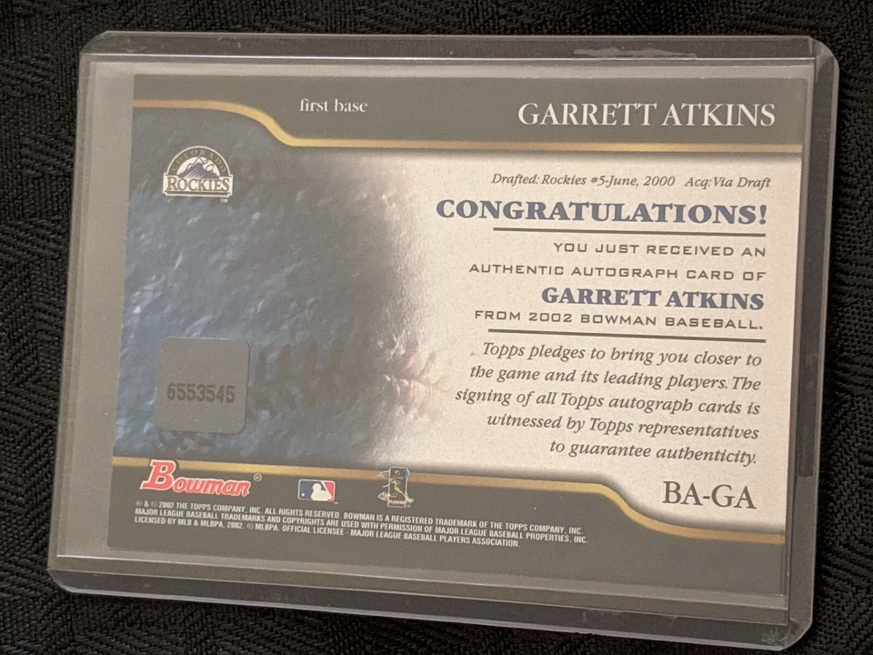 2002 Garrett Atkins BA-GA Bowman Certified Autograph Issue Baseball Card MLB - Image 2 of 2
