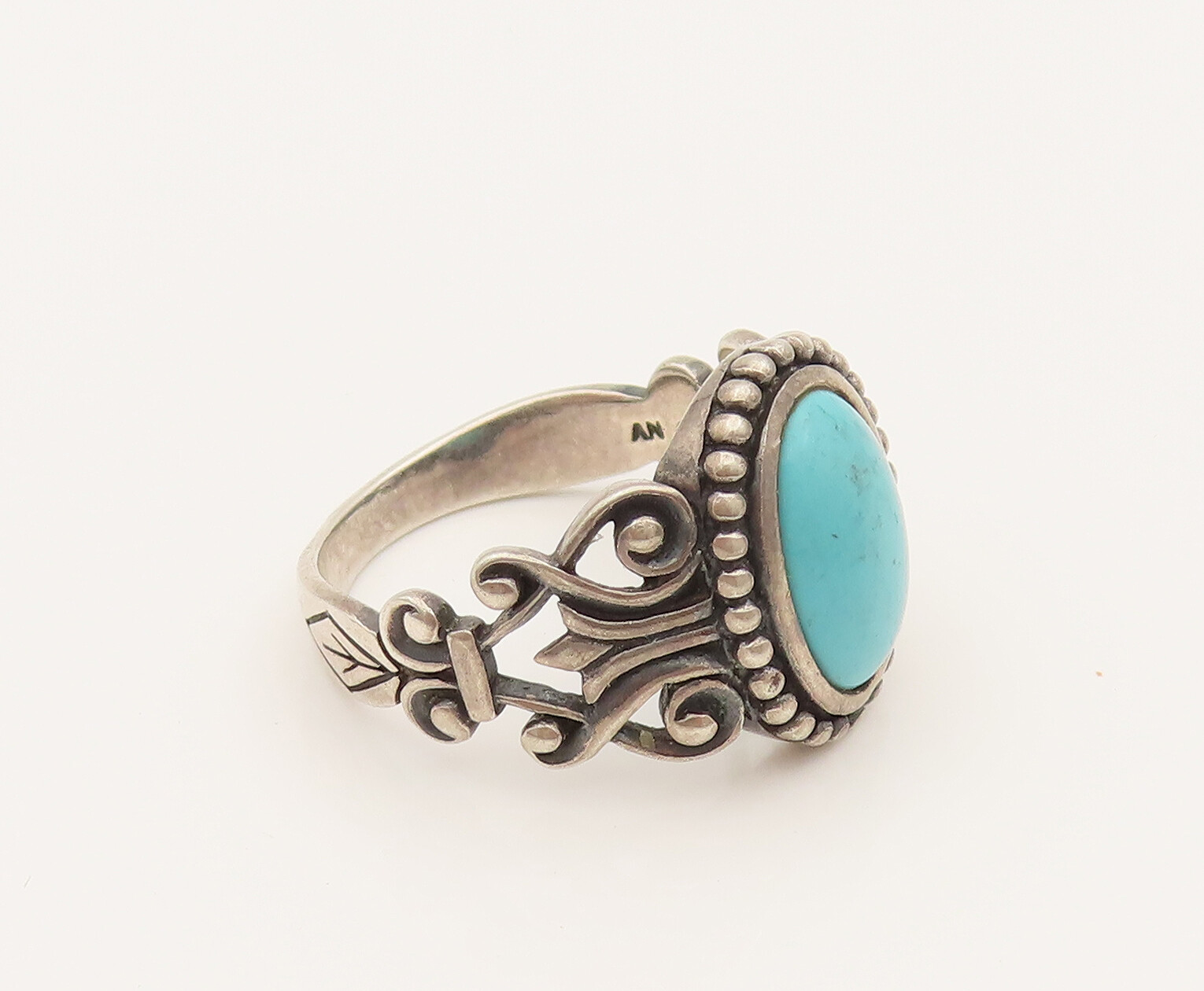 AVON 925 Silver Vintage Beaded Frame & Open Swirl Turquoise Ring Sz 9 ...