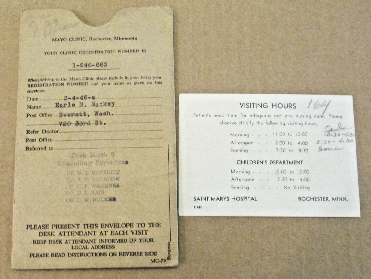 VTG 1946 Mayo Clinic Registration Envelope Rochester Minnesota