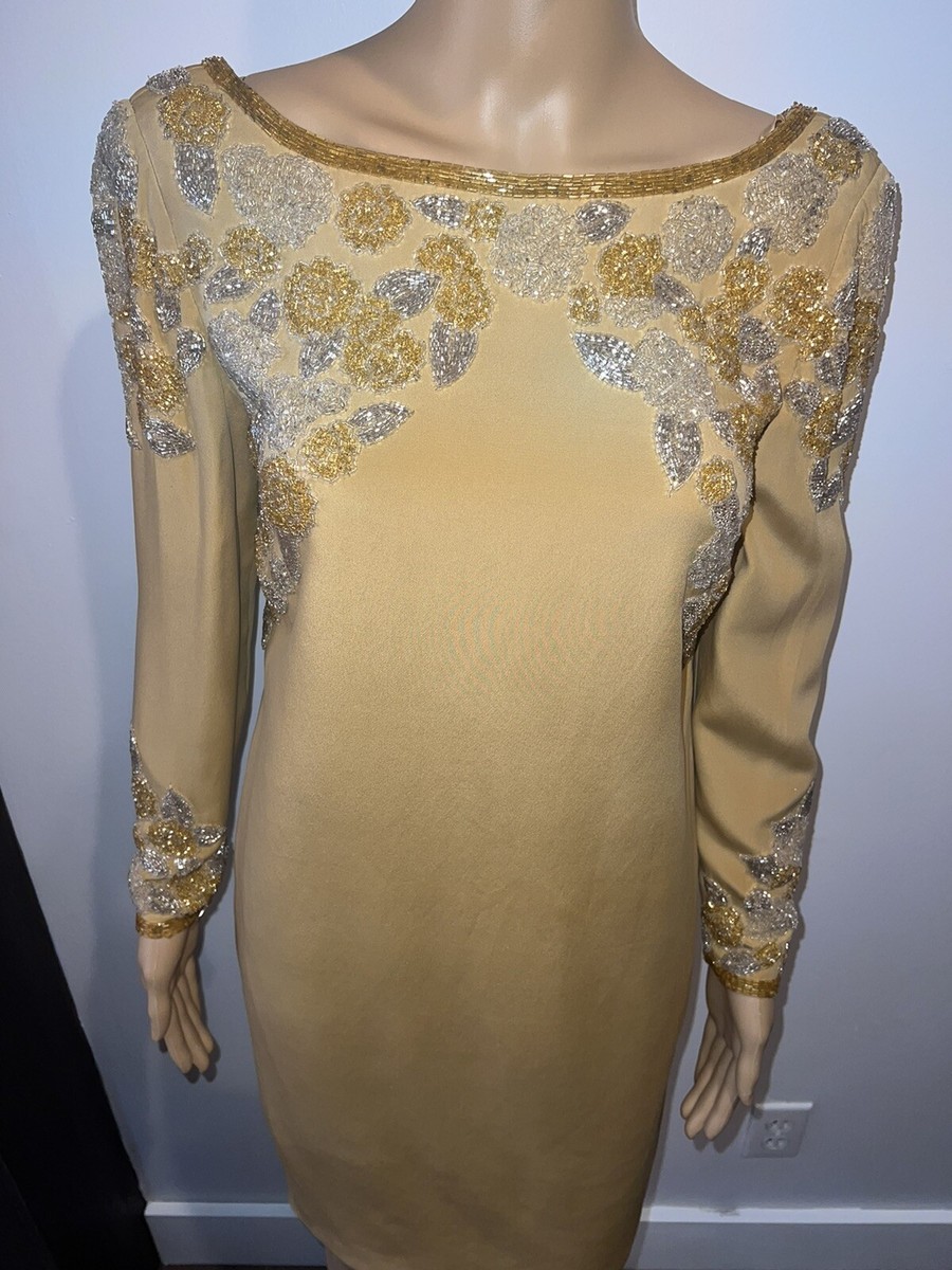 vintage 1990s silk beaded dress Night studio ny Size 6 Beautiful Gold 90s movement 15CM Glass Tube Beaded Size:5 years 36 Length