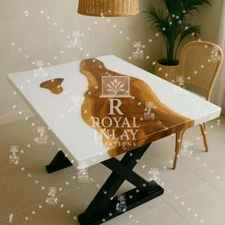 Modern White Resin & Wood Table | Rectangular Handmade Minimalist Accent Piece