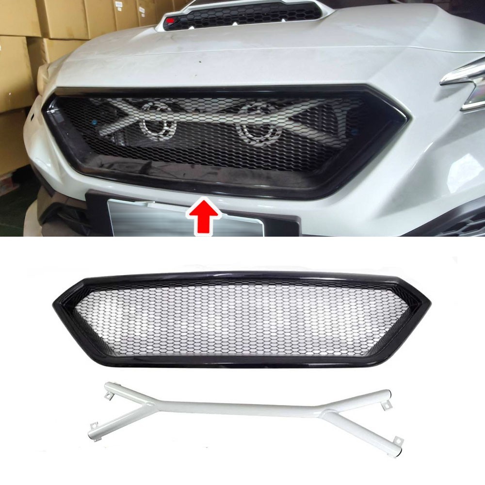 For Fit Subaru WRX 5th VB Front Grille Assembly Glossy Black + Brace Bar White