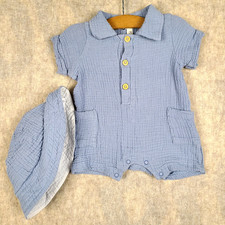 Peyton & Scout 3-6 Mo Baby 100% Cotton Romper Blue & Sun Hat