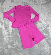 Womens Athletic Set SIZE XS Pink Ribbed Long Sleeve Top  Biker Shorts Stretch