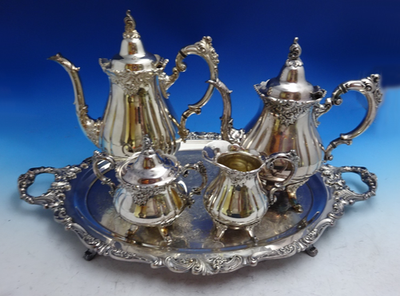Grande Baroque by Wallace Silverplate Tea Set 4pc with Tray (#8643