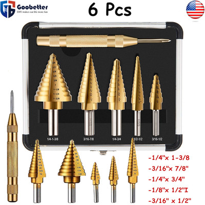 HSS 6PCS Titanium Step Drill Bit Set W Automatic Center Punch High Speed Steel