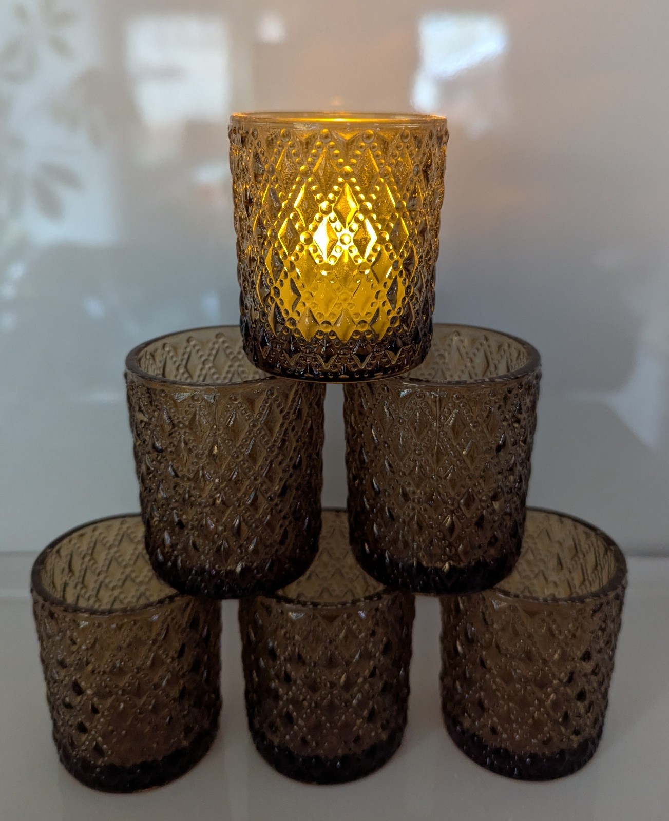 Light Amber Glass Votive Candle Holder, for Tea Lights / Retro MCM design