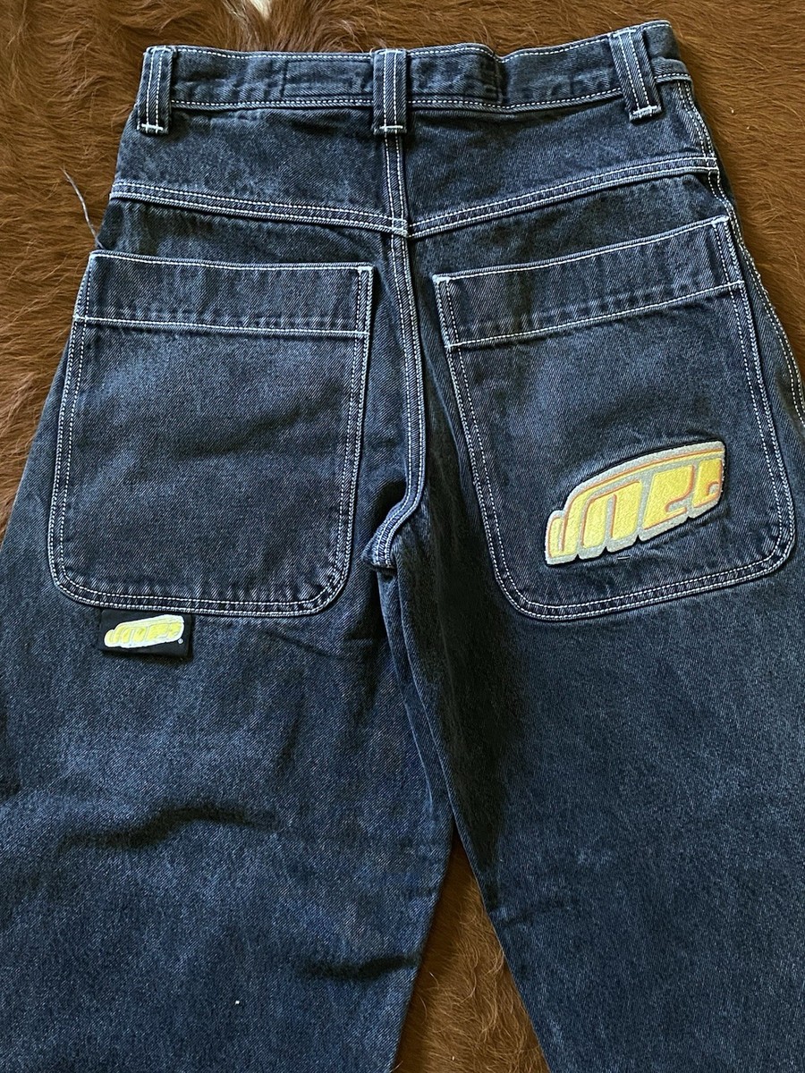 JNCO Twin Cannon Wide-Leg Jet Black faded Embroidered Denim Men's