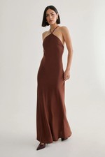 Nastygal Womens Maxi Dress Chocolate Satin Halter Neck Cowl Back Figure Hugging