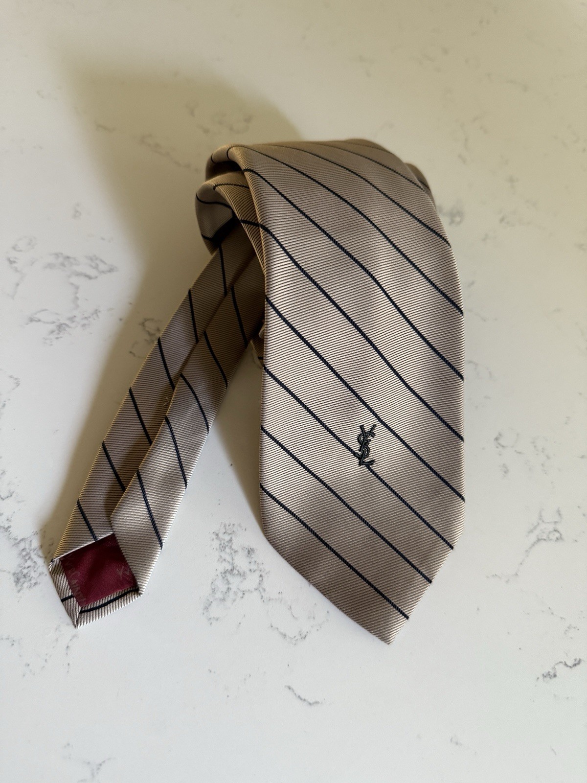 Yves Saint Laurent Tie Embroidered YSL Logo Paris New York Beige Striped