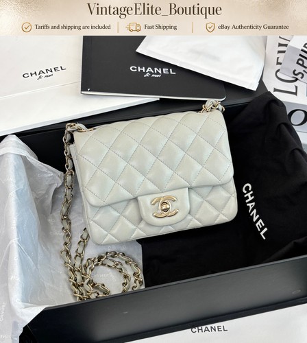 Chanel Classic Flap Mini Gray Leather Gold HW Shoulder Bag Authentic Preowned