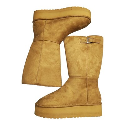 Madden Girl Eclipse Platform Boots Womens 9.5 Brown Sheepskin Lined Buckle Strap