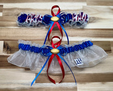 Handmade NFL New York Giants White Organza Royal Blue Satin, Wedding Garters Set