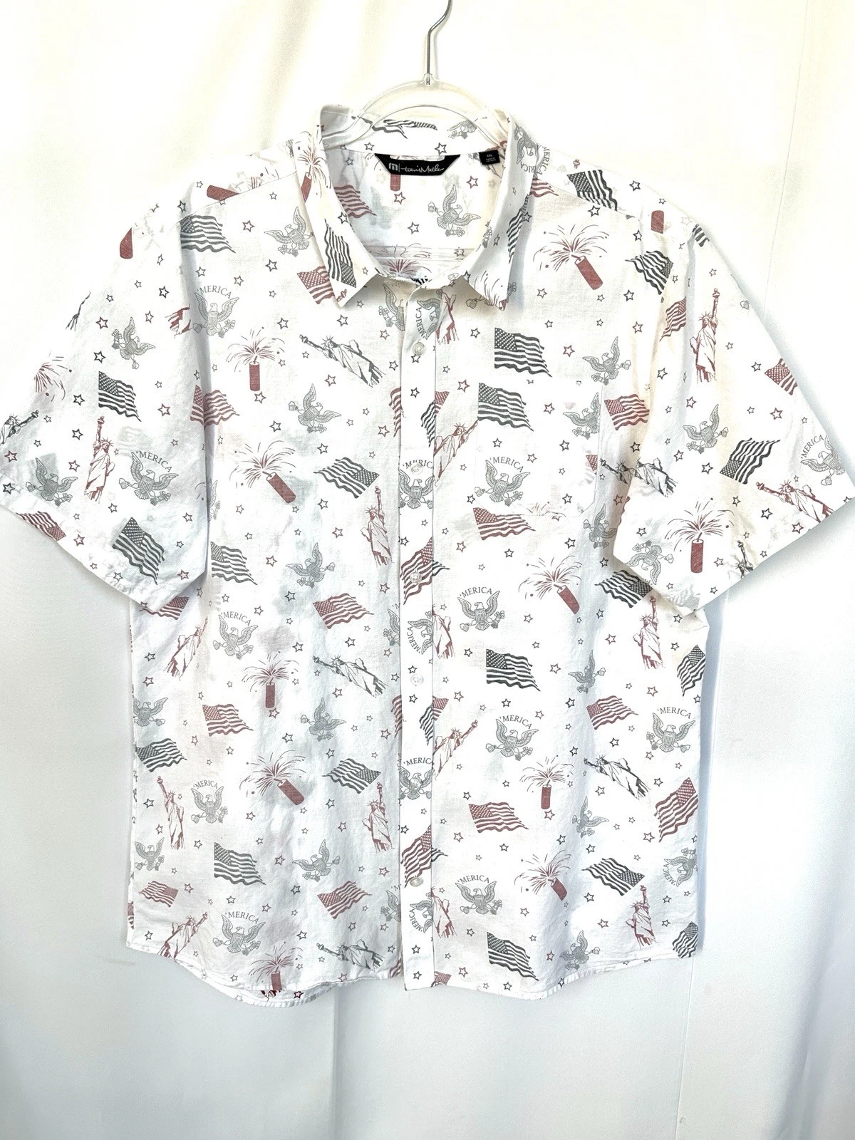 TRAVIS MATHEW REVERSE PRINT MERICA USA 4TH OF JULY BUTTON UP SHORT SLEEVE SzXXL