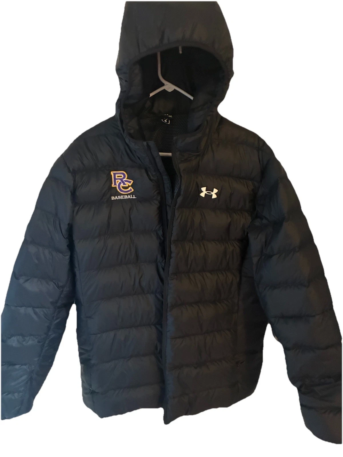 Under Armour Storm Down Baseball Jacket Mens XLBlack Hooded Quilted Nylon Skiing