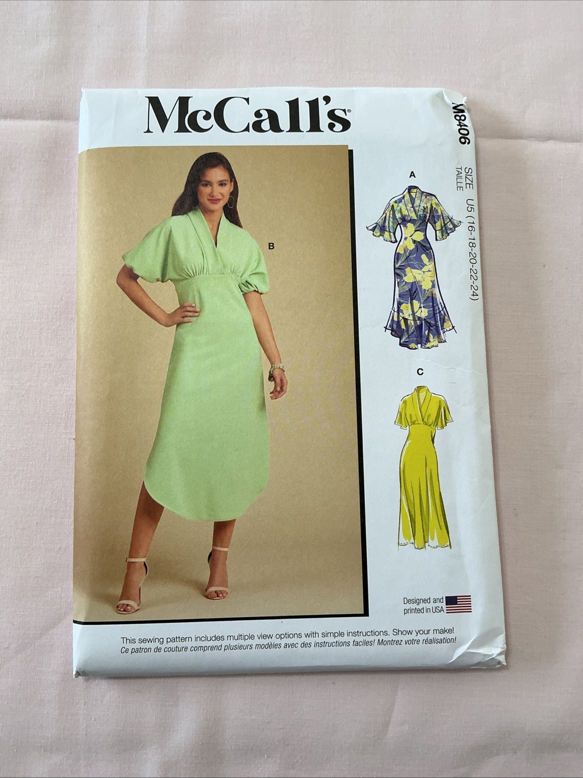 MCCALLS PATTERN 8406  New & Uncut Empire Dress with Sleeve options Size 16-24