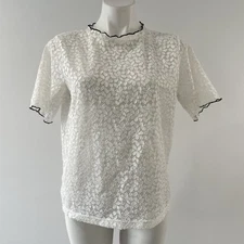 Zara Trafaluc White Lace Top Large Black Trim Semi-Sheer