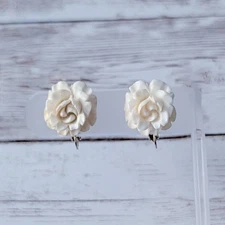 Vintage Clip On Earrings Cream Carnation Flower 0.75"