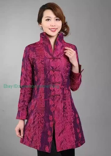 Womens Chinese Style Tang Suit Button Silk Coats Loose Jacket Mid Length Coat - Picture 7 of 23