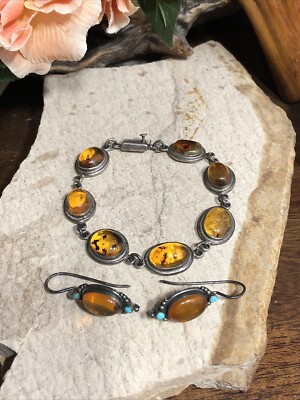 23. Vintage   925 Sterling Baltic Honey Amber Bracelet, Hook Earrings Set