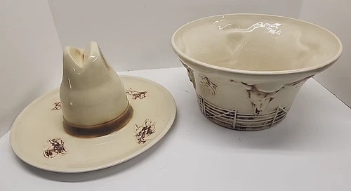 Perfect Vintage 1960 MCCOY USA EL RANCHO SOMBRERO SERVE ALL Hat & Bowl Western