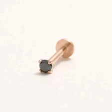 Real 0.03 Ct Round Black Diamond Nose Stud Screw Ring Piercing Pin 14K Rose Gold