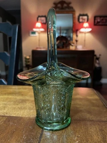 Fenton Art Glass Butterfly and Berry Baskey Heritage Green Glass Basket