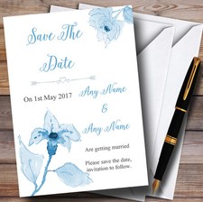 Beautiful Powder Baby Blue Watercolour Personalised Wedding Save The Date Cards