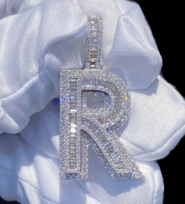 3Ct Lab Created Diamond Genuine Men's R Initial Pendant 14K White Gold ...