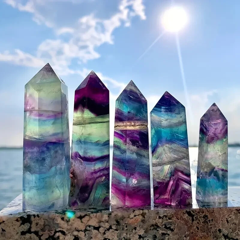 Natural Rainbow Fluorite Tower Point Obelisk Healing Crystal
