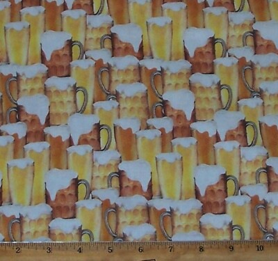 Beer Mugs Ale Beverage Drink Packed Design Fabric 1yd 100% Cotton