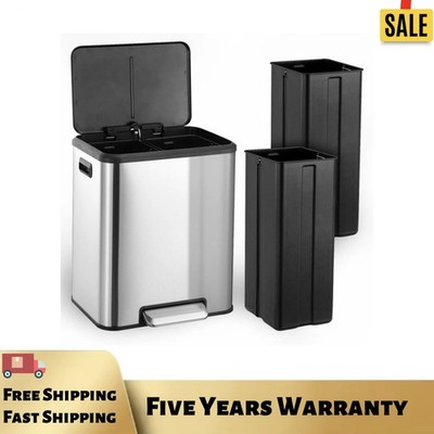 Dual Compartment Trash Can with Lid, 2x4 Gallons (30L) Stainless Steel Waste Bin
