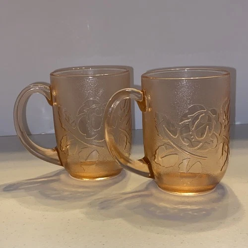 ARCOROC Pink Rosaline Floral Embossed Coffee Mugs Set of 2 Made In France VTG