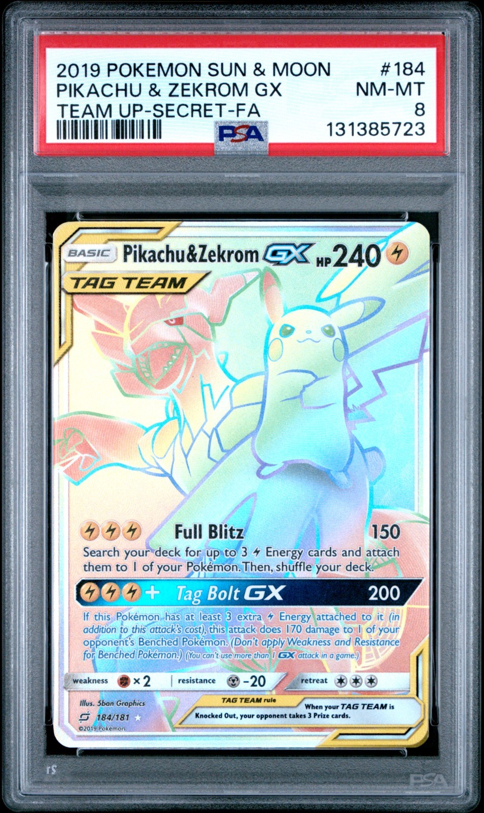 PSA 8 NEAR MINT/MINT - POKEMON SUN & MOON TEAM UP -  PIKACHU & ZEKROM GX 184/181